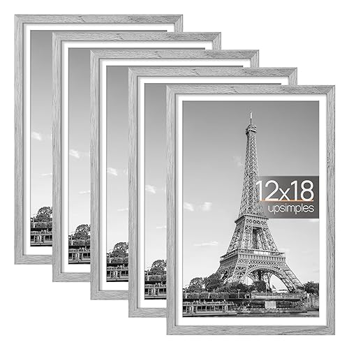 upsimples 12x18 Picture Frame Set of 5, Display Pictures 11x17 with Mat or 12x18 Without Mat, Wall Gallery Photo Frames, Gray - Gray - 12x18