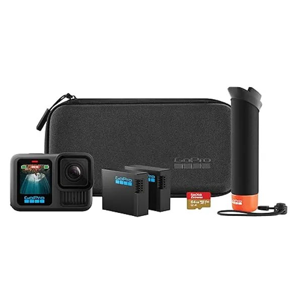 GoPro HERO13 Black Zubehörpaket – enthält den Handler (schwimmender Handgriff), 2 Enduro-Akkus, 2 Gebogene Klebehalterungen, 64GB SanDisk MicroSD-Karte, Tragetasche und mehr - HERO13 Bündeln