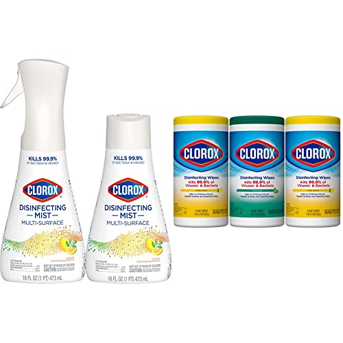 Clorox Cleaning Bundle Disinfecting Mist Lemon and Orange Blossom Scent (1 Spray Bottle & 1 Refill, 16 Fl Oz Each) Disinfecting Wipes (3-Pack, 75ct Each) - Bundle: Wipes & Mist Starter Pack