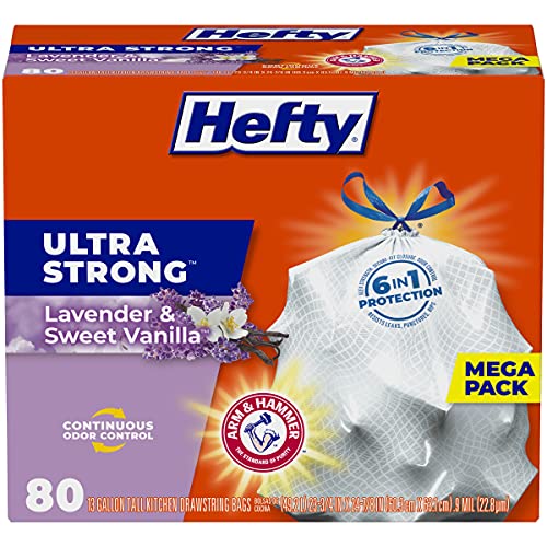 Hefty Ultra Strong Tall Kitchen Trash Bags, Lavender & Sweet Vanilla Scent, 13 Gallon, 80 Count - Lavender Sweet Vanilla