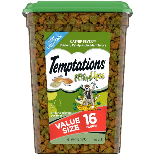 TEMPTATIONS MIXUPS Crunchy and Soft Cat Treats Catnip Fever Flavor, 16 oz. Tub - Tub 16 Ounce (Pack of 1)