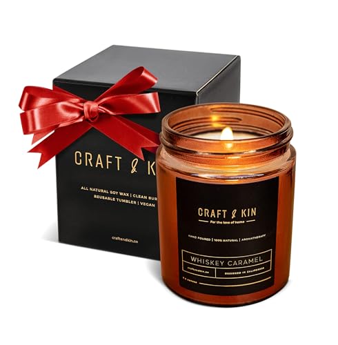 Craft & Kin Scented Candles for Men | Premium Whiskey Caramel Scented Candle | All-Natural Soy Candles, Rustic Home Decor Novelty Candle, Non-Toxic Ultra Clean Burn Aromatherapy Amber Jar Candle - Whiskey Caramel - Amber Jar - 8oz