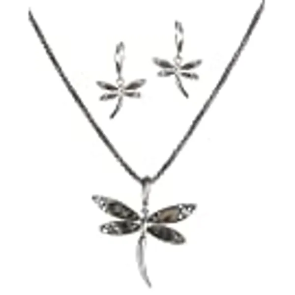 JNX Green Abalone Dragonfly with Filigree Pattern in a Silver-Tone Popcorn Chain & Earrings