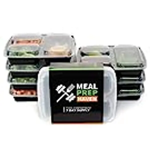 Meal Prep Haven Stackable Reusable 3 Compartment Food Containers with Lids, Set of 7
