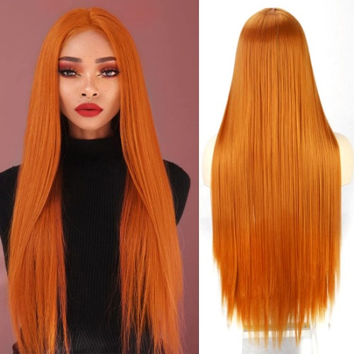 ATAYOU® Lange Oranje Lace Front Pruik-Rechte Oranje Pruik Voor Dames Met klein Stukje Kant 5x2 Inch Orange Lace Front Wig Small Lace (Oranje @ 598) - Oranje @ 598