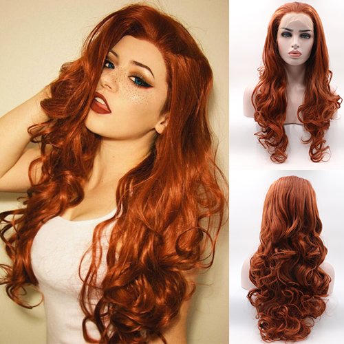 Blue Bird Pruik van kunsthaar met bevestigingsband aan de voorkant, lang, gekruld, rood-oranje, voor dames
