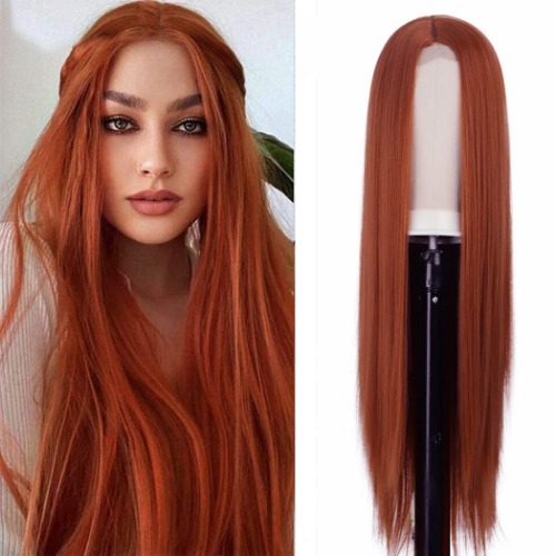ATAYOU® Lange lace Front Pruik-Koperen Rode Pruik Donkeroranje Kanten Pruik Gember Oranje Pruik Voor Dames Met Klein Stukje Kant Middendeel Oranjerood Synthetische Pruiken Met Pruikkap(Oranje Rood@582) - Oranje rood@582
