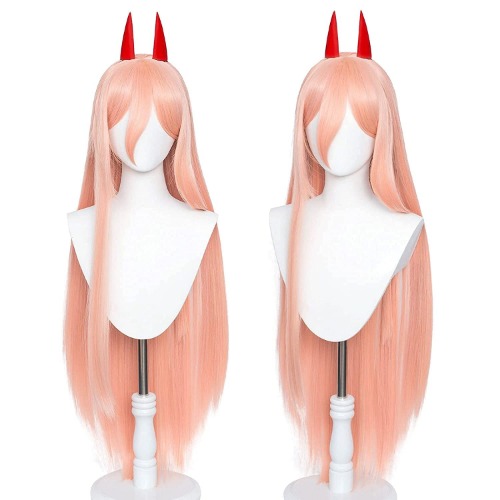 Anime Power Cosplay pruik voor Chainsaw Man, vrouwen update lange rechte Halloween pruik met twee hoorns Halloween party kostuum pruik pet