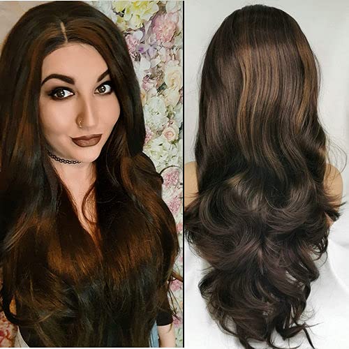 RainaHair Lange Golvende Bruin Synthetisch Haar Pruik met Blonde Hoogtepunten Lijmloze Lace Front Pruiken voor Vrouwen Hittebestendig 22 inch (bruin met blonde highlights)