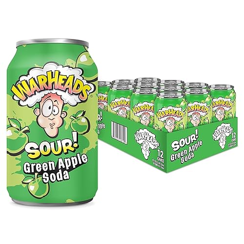 Sour Fruity Soda with Classic Warheads Flavors – Perfectly Balanced Sweet and Sour Soda - Warheads Candy Throwback Treat, Soda, Cocktail Mixer, Pack of 12, 12oz Cans (Green Apple) - Green Apple