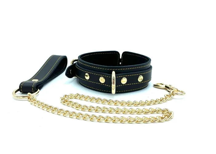 BDSM Collar and Leash, TANGO, Black Leather Choker 1.5" for Sub, Slave Leash, Gold Stitching and Hardware