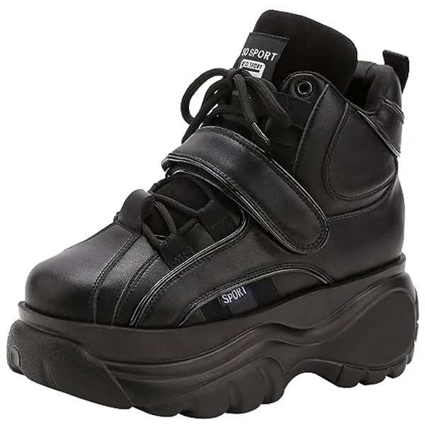 Jamron Damen Goth Punk High/Low Top Plateau Chunky Sneakers Schnüren Keilabsatz Turnschuhe