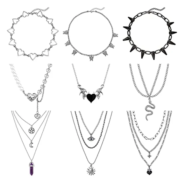 Kakonia 9-teiliges Punk-Halsketten-Set für Frauen, Männer, Egirl, Eboy, Cooler Goth-Punk, Vintage-Mond, mehrlagige Halskette, Spike, Schmetterling, Halsband, Schlange, Herz, Flügelkette Silber Retro