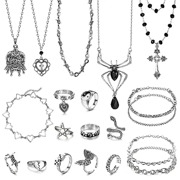 Adramata 20 Stück Gothic Schmuck für Damen Punk Goth Halsketten Y2K Gothic Armbänder für Damen Gothic Ringe Set Schlangenring Kreuz Halskette Ketten Set Grunge Accessoires Punk Y2K Schmuck Set
