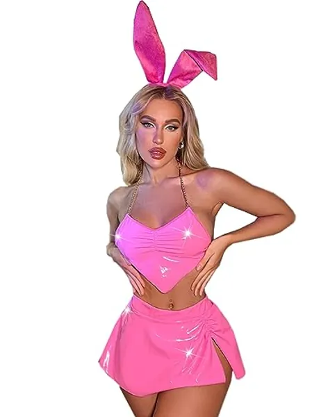 THSCWY Damen Cosplay Kostüm Niedliche Hosenträger Sexy Häschen Kostüm Latex Kleider Halloween Kostüm Outfit