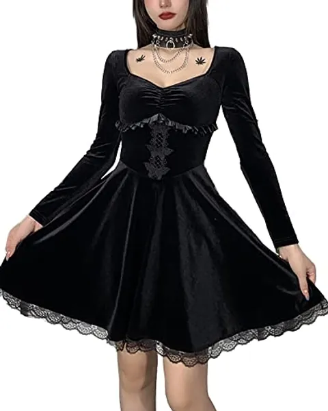 Grufti-Kleid für Damen, Lolita-Kleid mit Spitze, Langarm, schwarz, Retro, Punk, Puffärmel, A-Linie, ausgestellt, kurzes Kleid