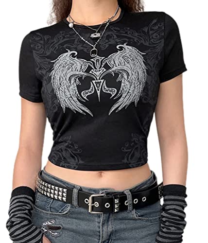 ORANDESIGNE Damen Crop Tops Skelett Grafik Lässig T-Shirt Rundhals Schlanke Frauen Y2K Graphic Print T-Shirt Gothic Punk Casual Kurzarm Crop Tee Vintage Shirts Harajuku Streetwear - S - A Schwarz