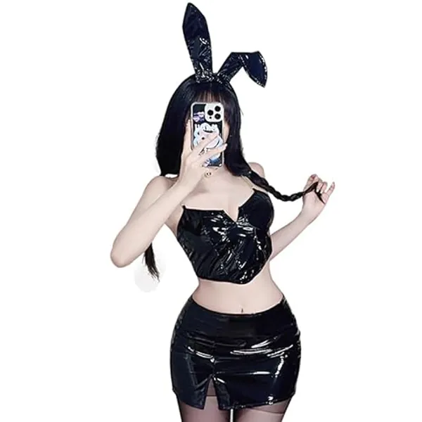 Sexy Häschen Kostüme Halloween Anime Cosplay Dessous Latex BH Leder Rock Festival Rave Outfits Kawaii Goth Maid Set