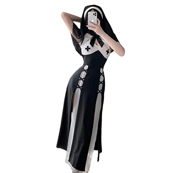 JasmyGirls Cosplay Dessous Sexy Nonne Kostüm Freches Anime Teufel Rollenspiel Maid Outfit Halloween Goth High Slit Dress Up