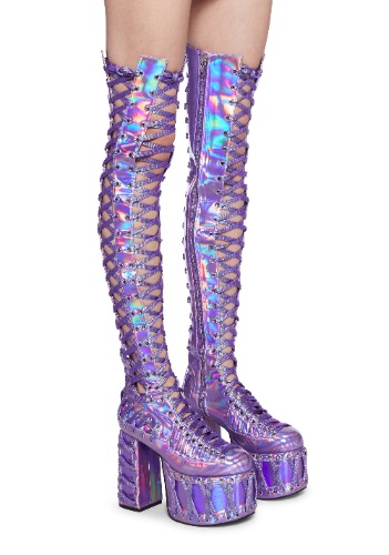 Rude Awakening Thigh High Boots -  Purple Holographic | PURPLE / US 9