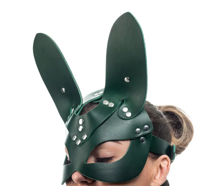 Frisky Bunny Costume Mask, "Mona" Green Leather Eye Mask, BDSM Sexy Bunny Mask