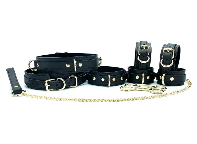 7 Piece BDSM Set "Tango", Black Leather Bondage Restraints for Submissive, Thigh Cuffs, Collar and Lead, BDSM Hand and Ankle Cuffs 1.5"