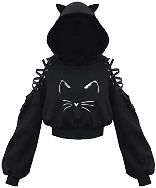 PANOZON Damen Hoodie Bauchfrei Pullover mit Katzenohren Hollow Out Gothic Sweatshirt