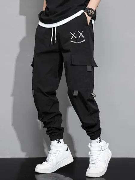Men Letter & Expression Print Flap Pocket Drawstring Waist Cargo Pants