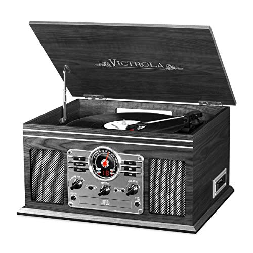 Victrola Nostalgic 6-in-1 Bluetooth Record Player & Multimedia Center with Built-in Speakers - 3-Speed Turntable, CD & Cassette Player, AM/FM Radio | Wireless Music Streaming | Grey | wood - Grey - Record Player