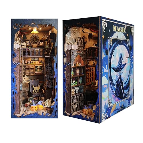 Book Nook Kit for Adults, 3D Wooden Puzzle DIY Miniature House Kit for Bookshelf Insert Decoration, DIY Dollhouse Bookend Tiny House for led (Shadow Moon Magic) - Shadow Moon Magic