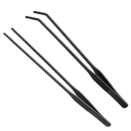 Wenplus 2PCS Aquarium Tweezers Stainless Steel Straight and Curved Tweezers Set Long Handle Reptile Feeding Tongs for Aquatic Plants Lizards Spider Snakes Garden Repairing - 10.6inch, Black - Black