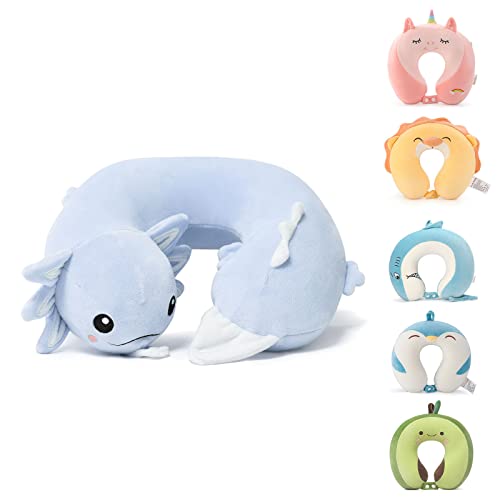 Niuniu Daddy Neck Pillow for Traveling,Pure Memory Foam Travel Neck Support Pillows for Airplane, Car Headrest Sleep - Age 8+ Children Including Adults, Blue Axolotl