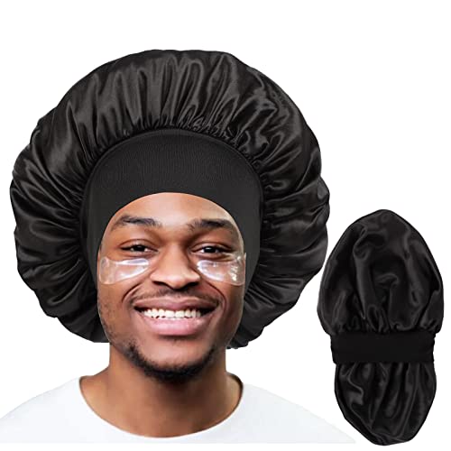 Bonnet for Men,Hair Bonnet for Sleeping,Double Layer Satin Bonnets for Black Women Curly Hair Braids,Reversible Sleep Cap (Large,Black/Black) - Black/Black