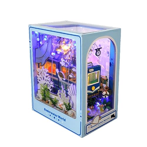 DIY Book Nook Kit Underwater World Dollhouse Miniature Kit DIY Dollhouse Wood Bookends Building Model Puzzle Toy with LED Light for Teens and Adults Building Creative Gifts - Underwater world