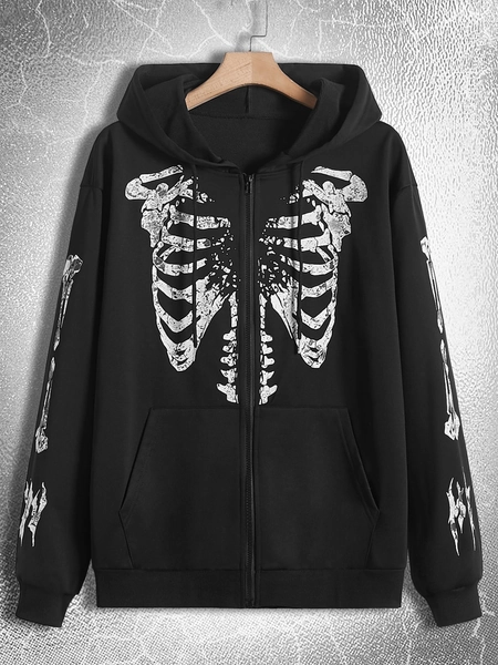 Goth Guys Skeleton Print Zip Up Drawstring Hoodie