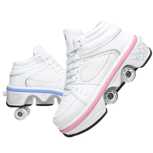 Roller Skates for Women Men Outdoor,2 in1 Parkour Shoes with Wheels for Girls/Boys,Double Row Deform Kick Roller Shoes Retractable Adults/Kids,Quad Roller Skates,Skating Shoes Recreation Sneakers