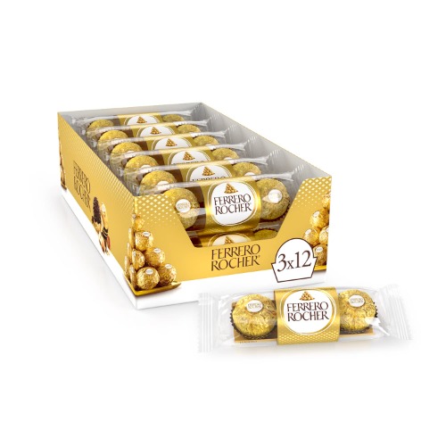 Ferrero Rocher Fine Hazelnut Chocolate, 3 Individually Wrapped Chocolates, 12 packs, 450g - Hazelnut 1 Count (Pack of 12)