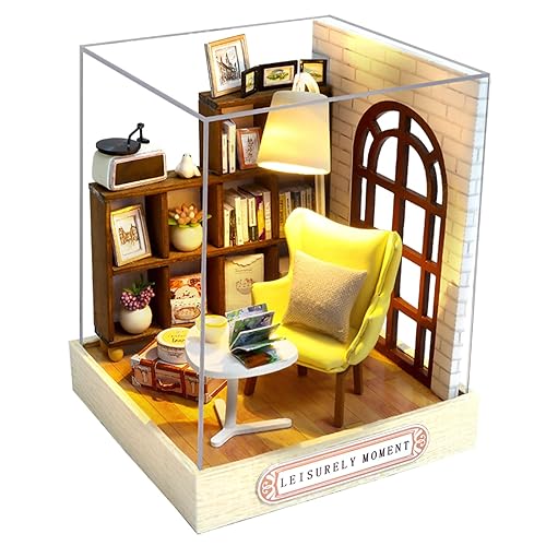 Cuteroom DIY Wooden DollHouse Kit,Dollhouse Miniature with Furniture and Dust Cover Handmade Crafts Miniature Dolls House kit for Teens Adult Gift (Leisurely Moment) - Leisurely Moment
