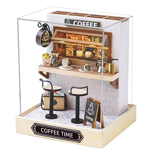 CUTEROOM DIY Miniature Doll House Kits, DIY House Kit with Dust Cover, 3D Wooden Dollhouse Kits to Build for Teens Adults Birthday Gift (Coffee) - Coffee