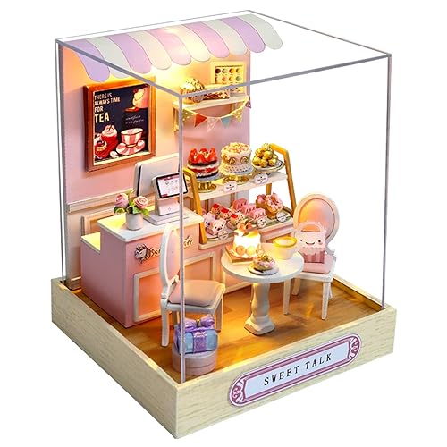 Cuteroom DIY Wooden DollHouse Kit,Dollhouse Miniature with Furniture and Dust Cover Handmade Crafts Miniature Dolls House kit for Teens Adult Gift (Sweet Talk) - Sweet Talk