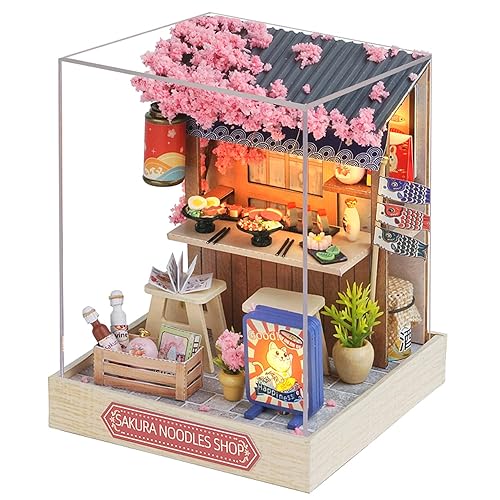 CUTEROOM DIY Miniature Doll House Kits, DIY House Kit with Dust Cover, 3D Wooden Dollhouse Kits to Build for Teens Adults Birthday Gift (Sakura) - Sakura