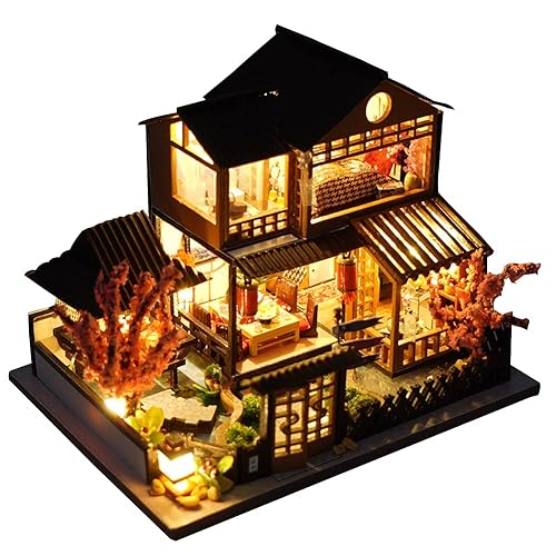 WDC Miniature Wooden Dollhouse Japanese/Seaside/Auto Market DIY Doll House Kit Villa Building 3D Model Creative Gifts for Friend Parents (Japanese style villa),9.8*12.6*9.5 cm - Japanese Style Villa