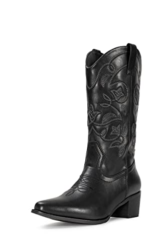 IUV Cowboy Boots For Women Pointy Toe Women's Western Boots Cowgirl Boots Mid Calf Boots Shoes - 9 - Black