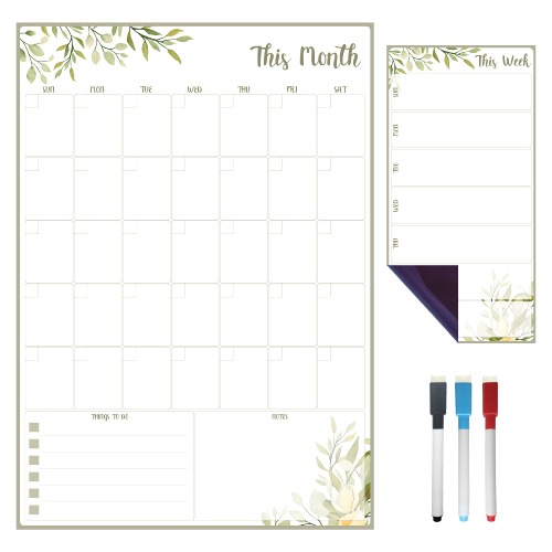 Magnetic Calendar for Refrigerator - Foliage | Set of 2 Magnetic Dry Erase Board: Monthly Magnetic Fridge Calendar 12 x 17 Inch, Weekly Fridge Magnetic Menu Planner 5 x 10 Inch | Includes 3 Markers - 