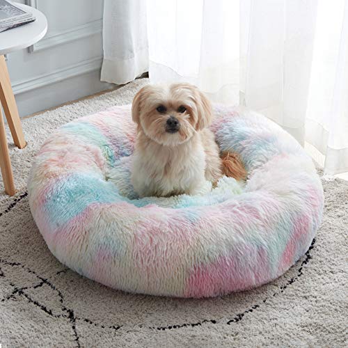 Calming, Anti-Anxiety Donut Dog Cuddler Bed, Warming Cozy Soft Round Bed, Fluffy Faux Fur Plush Cushion bed for Small Medium Dogs and Cats (20"/24"/27"/30") - 20" - Rainbow