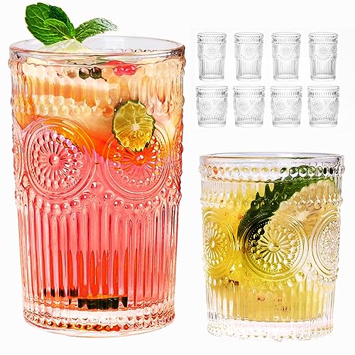 Vintage Striped Glassware Set - Romantic Textured Drinking Glasses, 4 Highball 12oz & 4 Rocks 10oz, Juice Cups for Cocktails & Beverages, Set of 8