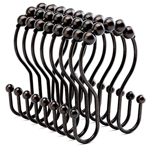Bathway Shower Curtain Rings Shower Curtain Hooks Bronze Rust Proof Double Shower Curtain Hooks, 12 Pcs Shower Hooks for Shower Curtain, Shower Rings for Curtain Bathroom, Metal Shower Rod Hooks - Bronze