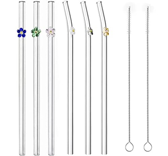 6PCS Reusable Glass Straw Flower Design Glass Straw,Colorful Straws Cocktails Bar Accessories Cleaning Brush Bent Drinking Straws for Hot and Cold Drinks (Flower) - Flower