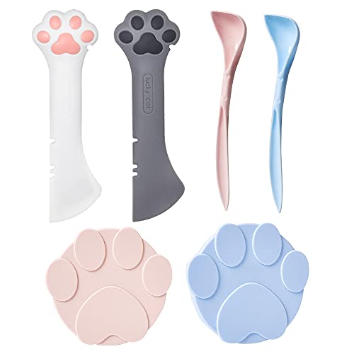 mwellewm 6Pcs Pet Food Can Supplies Set 2Pcs Universal Silicone Can Covers Cat Can Lids 2Pcs Multifuctional Mini Spatula Pet Can Opener and 2Pcs Dog Spoons for Pets Dogs Cats Feeding Can - Pink&Blue