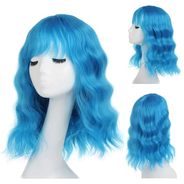 Leeven Short Blue Wig with Fringe 14 Inch Bob Wig Natural Curly Synthetic Replacement Blue Wigs for Woman Party Cosplay Wig with Bangs Wig Cap Wave Short Bob Wigs /Azure Blue